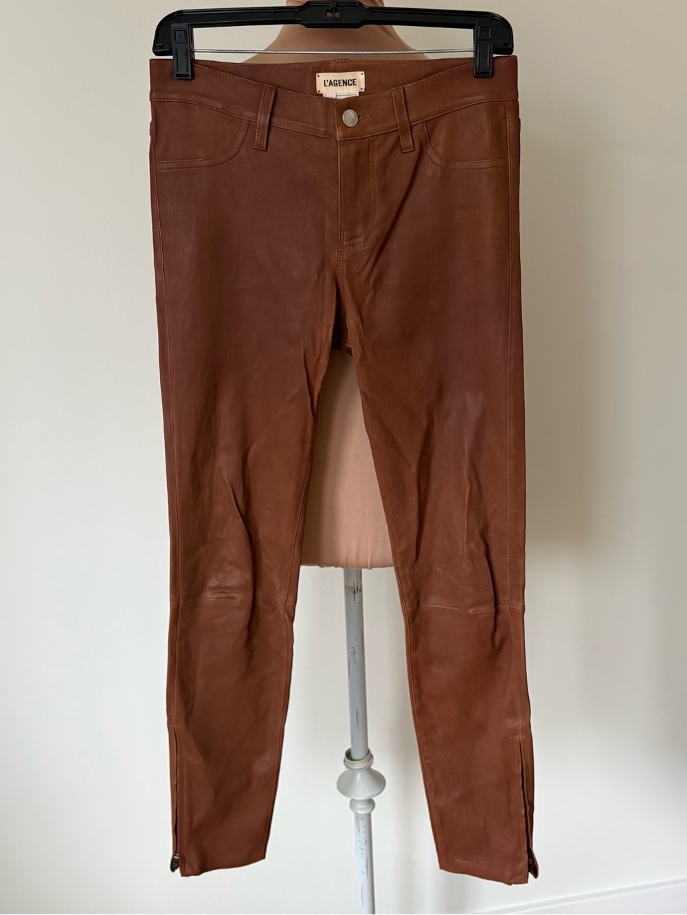 L'Agence Adelaide Mid Rise Brown Leather Moto Zipper Ankle Legging Pants Size 27